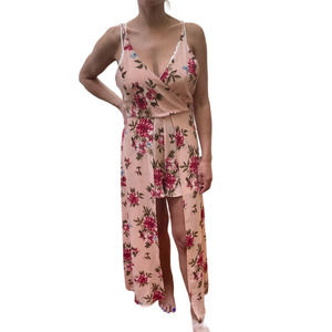 Francesca's Miami High-Low Pink Floral Maxi Dress/Romper Medium